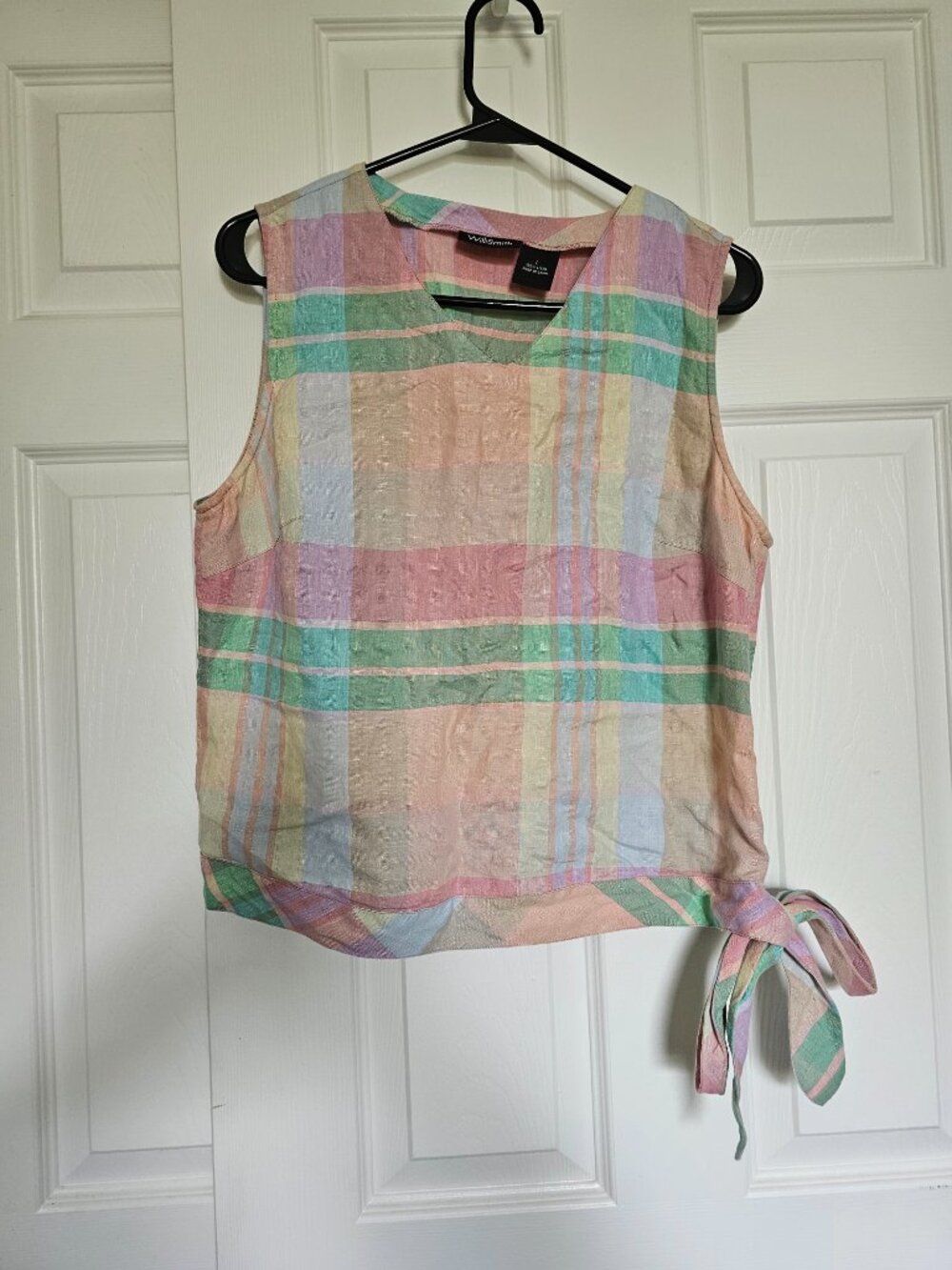 Willi Smith Pastel Plaid Linen Tie-Side Top